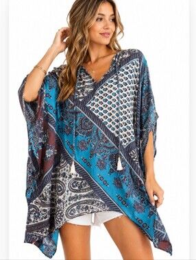 Tienda Ho Blue Paisley Boho Kaftan Tunic Cover Up Poncho One Size New